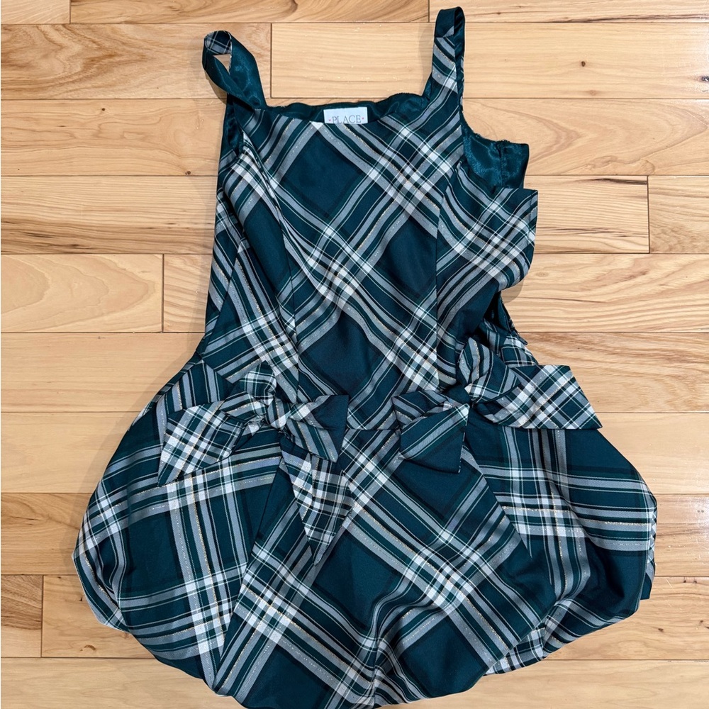 Plaid Green & White Girls' Dress with Bow Detail w headband